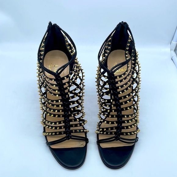 Christian Louboutin Black gold studded gladiator Milla Clou ankle heels EU 38.5 - Picture 2 of 10